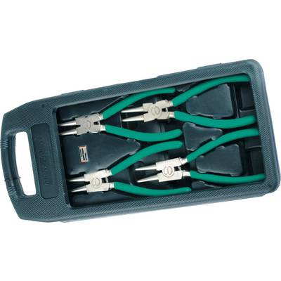 Een set van drie groene, gebogen tangen in een kunststof koffer met handgreep, bestemd voor mechanisch gebruik.