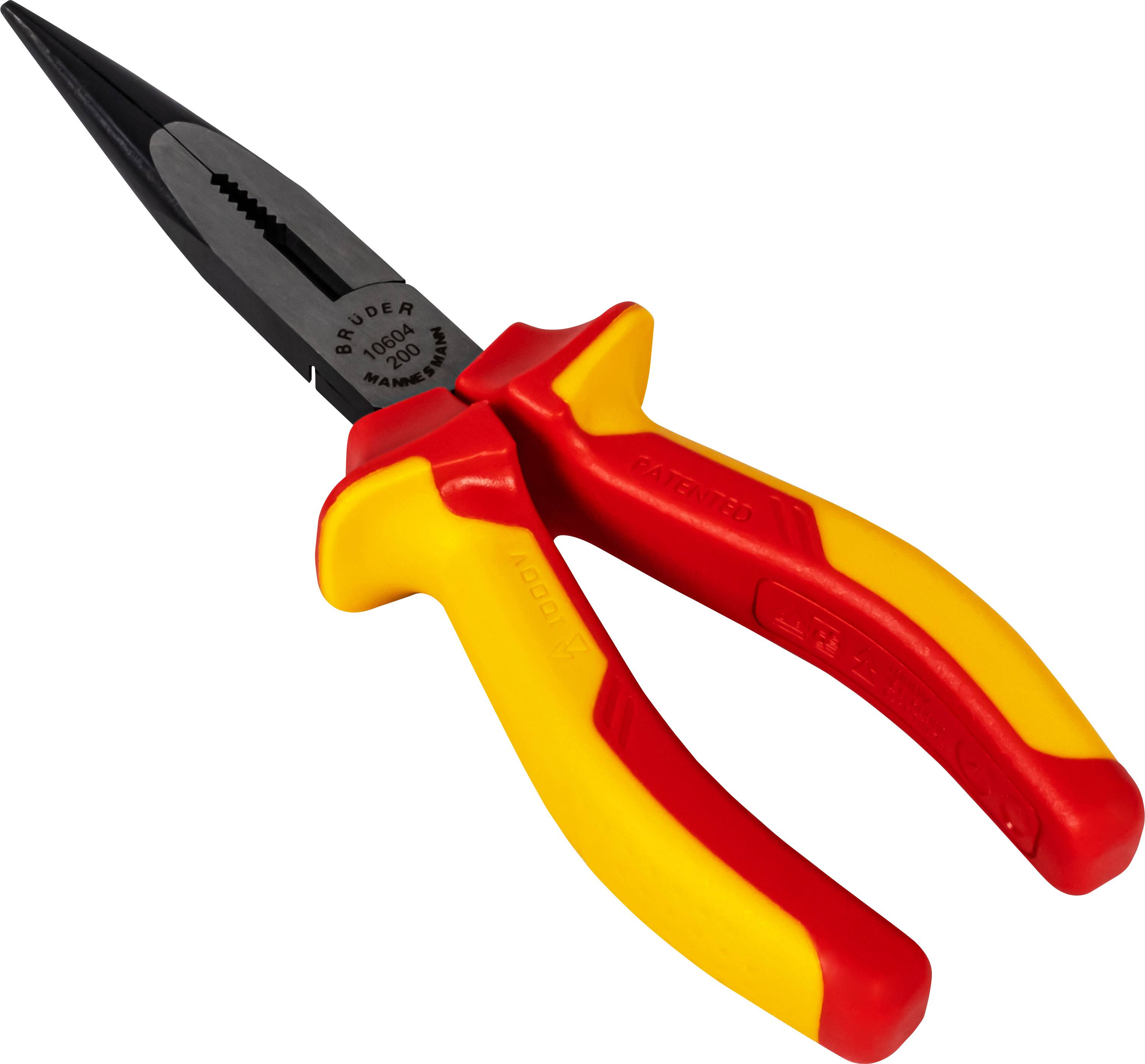 Isolatiegereedschap met rode en gele handgrepen, geschikt voor werkzaamheden aan elektrische leidingen.