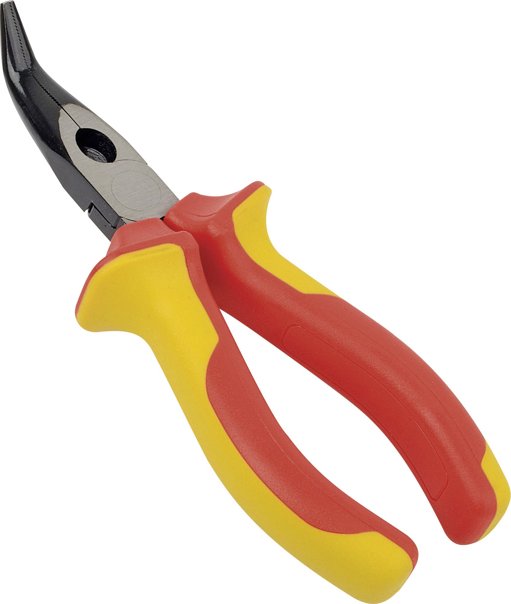 Een geel-rode VDE-gekeurde tang met geïsoleerde handgrepen, geschikt voor elektrowerkzaamheden.