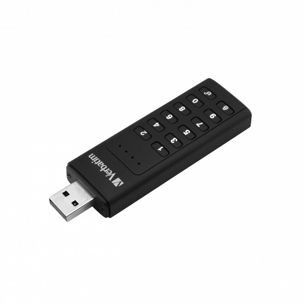 Een zwarte USB-stick met toetsen voor het invoeren van een code. Beveiligingskenmerk voor gegevensbeveiliging. Merklogo op het oppervlak.