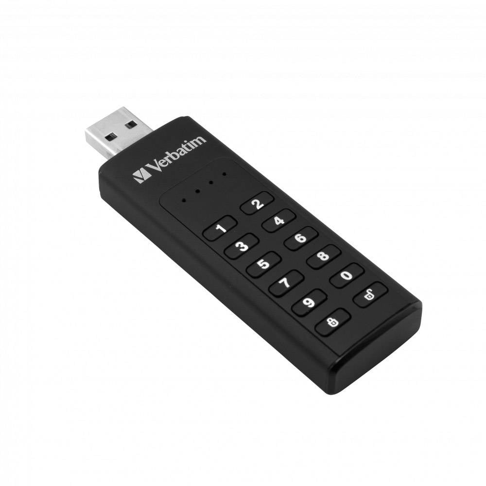 USB-stick met nummertoetsenbord voor het invoeren van een PIN. Merknaam 'Verbatim' zichtbaar. Zwart, compact, bedoeld voor veilige gegevensopslag.