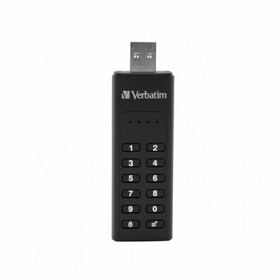 Zwarte USB-stick met Verbatim-logo, numeriek toetsenbord van 0-9 en slotpictogram voor beveiligingsversleuteling.