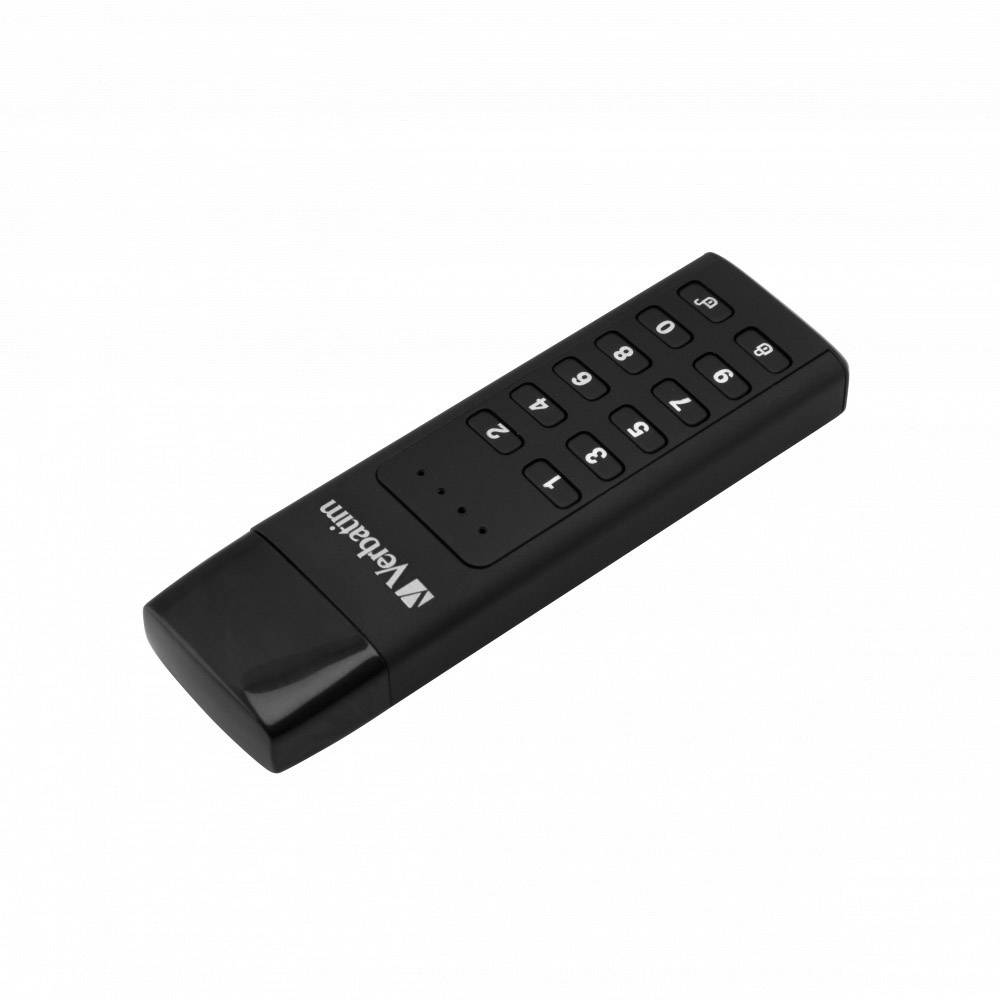 Een zwarte USB-stick met numeriek toetsenblok en versleutelingsfunctie. Hij wordt gebruikt voor veilige gegevensopslag en bestandsoverdracht.