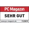 De afbeelding toont een 'PC Magazine' logo met de tekst 'ZEER GOED' en de URL 'www.pc-magazin.de', gedateerd op 11/2019.