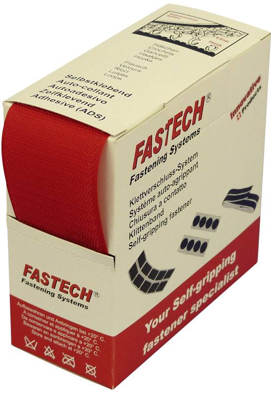 Rol met rode klittenband in een doos, gelabeld met 'FASTECH Fastening Systems', geschikt voor temperaturen tot -20°C.