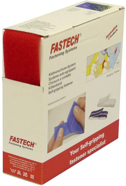 Verpakking van een klittenbandsysteem van Fastech. Opdruk toont toepassingen en tekst 'Zelfvasthoudende sluiting'.