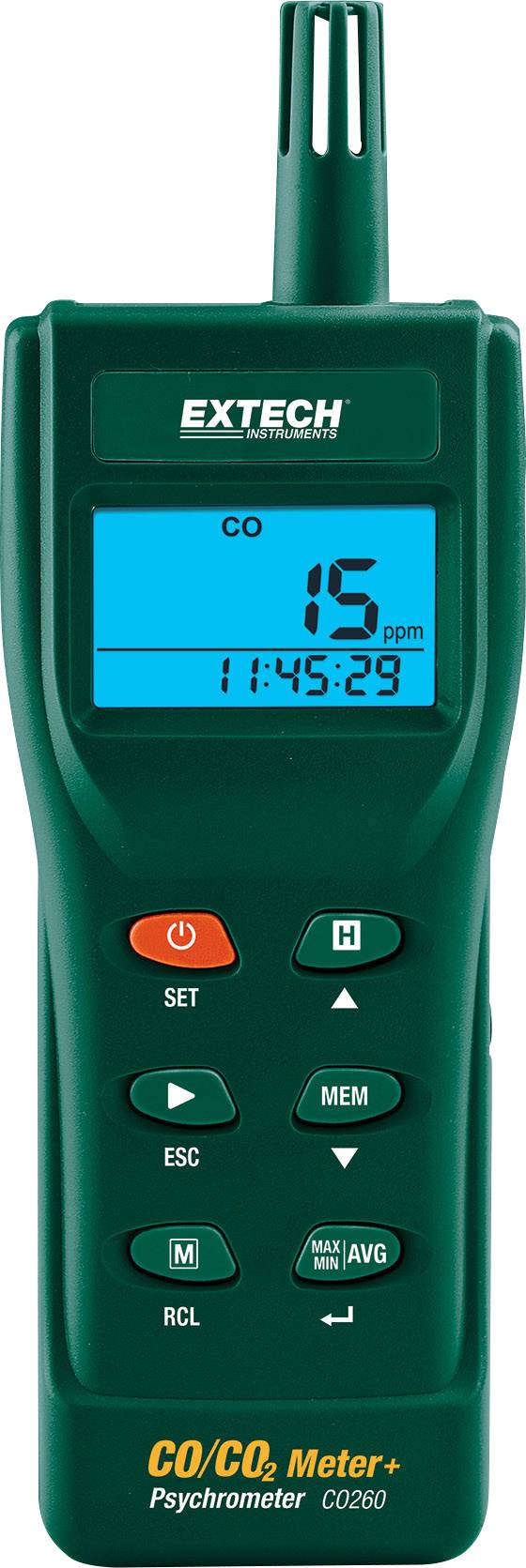 Een groen CO/CO₂-meetapparaat met een digitaal display toont '15 ppm' voor CO en de tijd '11:45:29'.