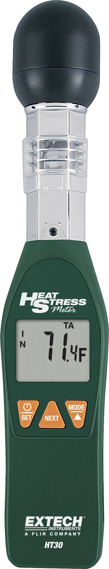 Een groene hitte-stress-meter toont '71.4°F' op het display. Bovenaan is een zwarte dop bevestigd.