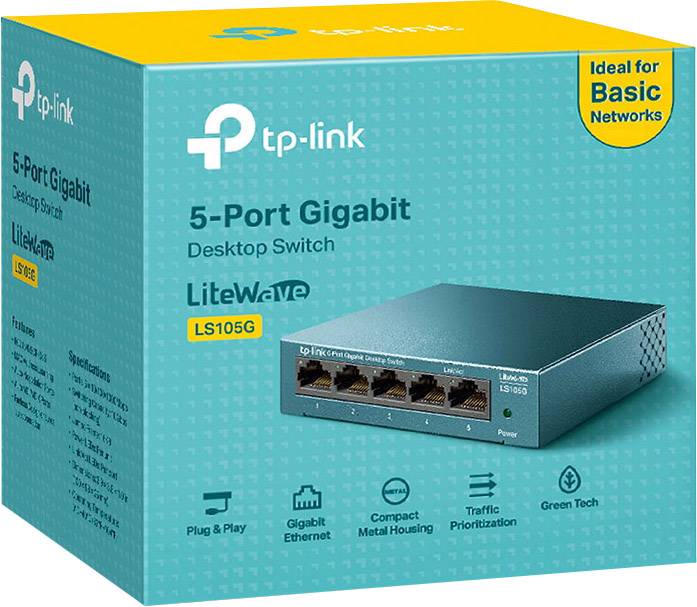 Verpakking van een 5-poorts Gigabit Desktop Switch van tp-link, model LiteWave LS105G. Geschikt voor basisnetwerken, energiezuinig.
