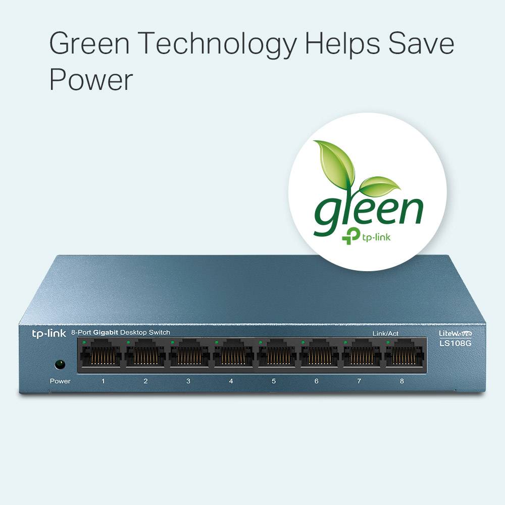 Een 8-poorts Gigabit Desktop Switch van tp-link, vergezeld van de tekst 'Groene Technologie Helpt Energie Besparen'.