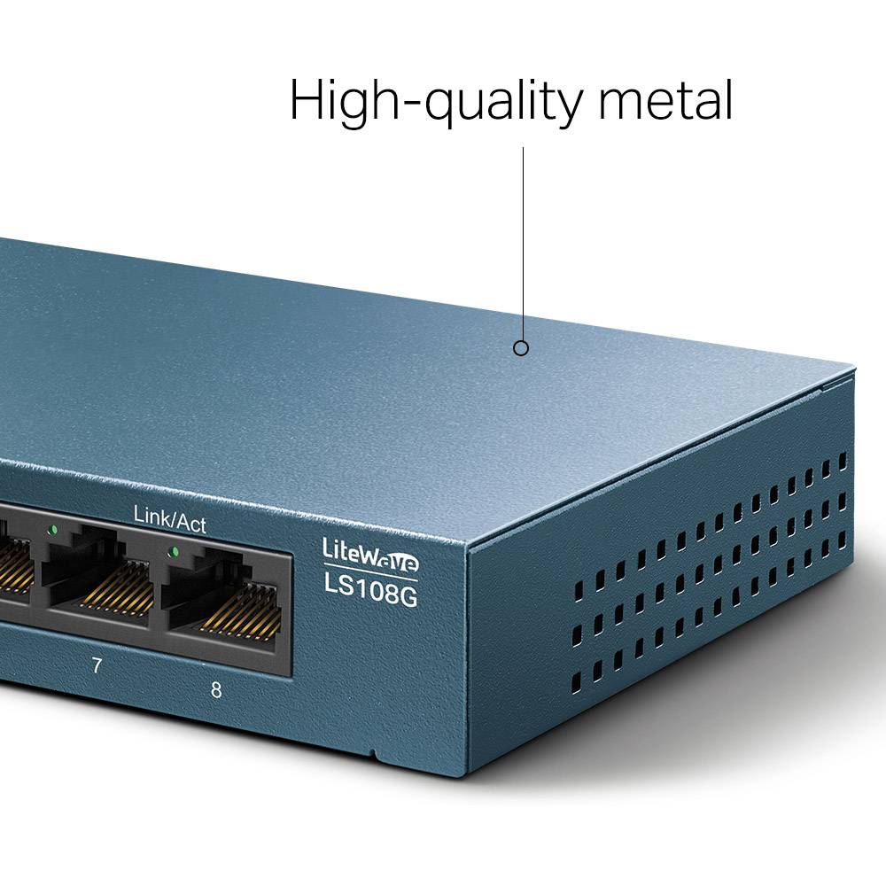 Een blauwe netwerk-switch van hoogwaardig metaal met drie Ethernet-poorten, gemarkeerd met 'Link/Act LS108G'.