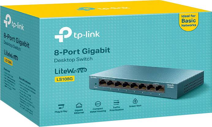TP-Link 8-Poorts Gigabit Desktopswitch, Model LS108G, ideaal voor eenvoudige netwerken. Verpakking toont apparaat en eigenschappen.