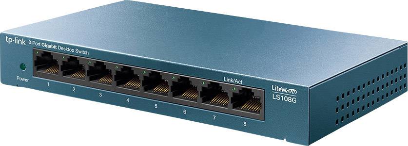 Netwerksschakelaar met acht Ethernet-poorten, merk TP-Link. Voorkant toont poorten met LED-indicatoren. Apparaat in blauw-groene kleur.