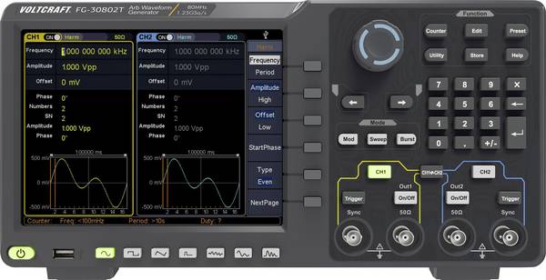 VOLTCRAFT FG-30802T Functiegenerator  1 µHz - 80 MHz 2-kanaals Arbitrair, Ruis, Puls, Blok, Sinus, Driehoek