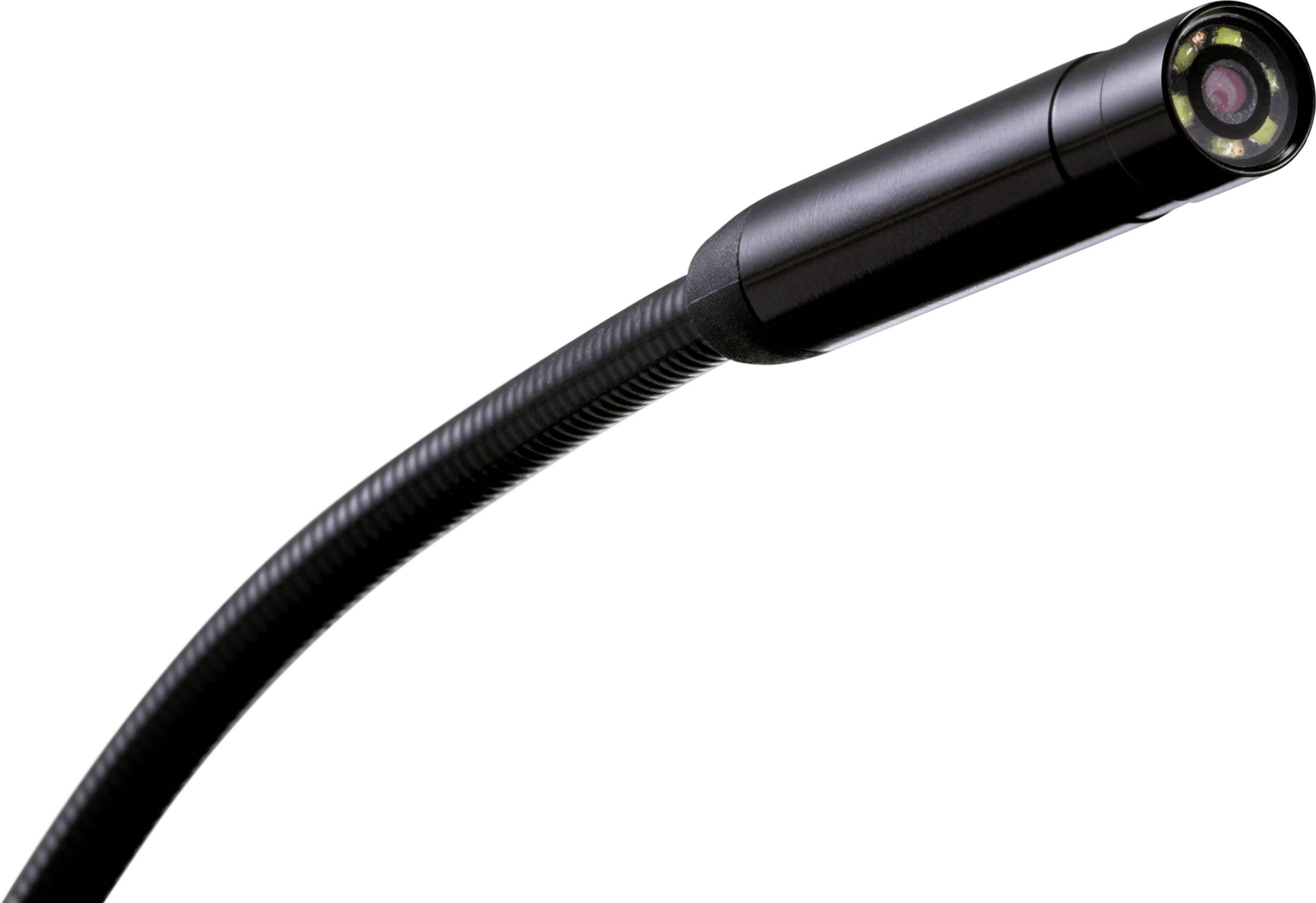 Endoscoop met een flexibel kabel en camera, omringd door LED's, voor onderzoek van moeilijk bereikbare plaatsen.