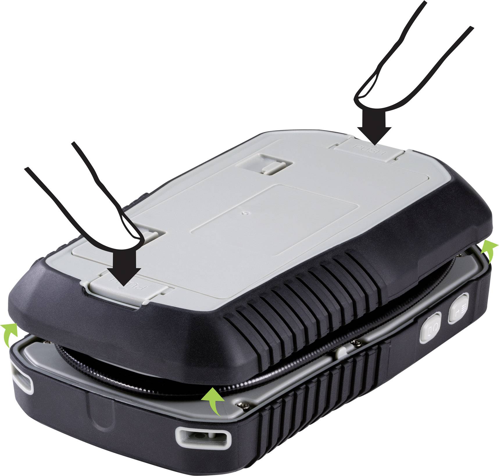 Een draagbare oplader met twee kabels, bedoeld voor mobiele apparaten. Zwart en zilver design, compact en licht.