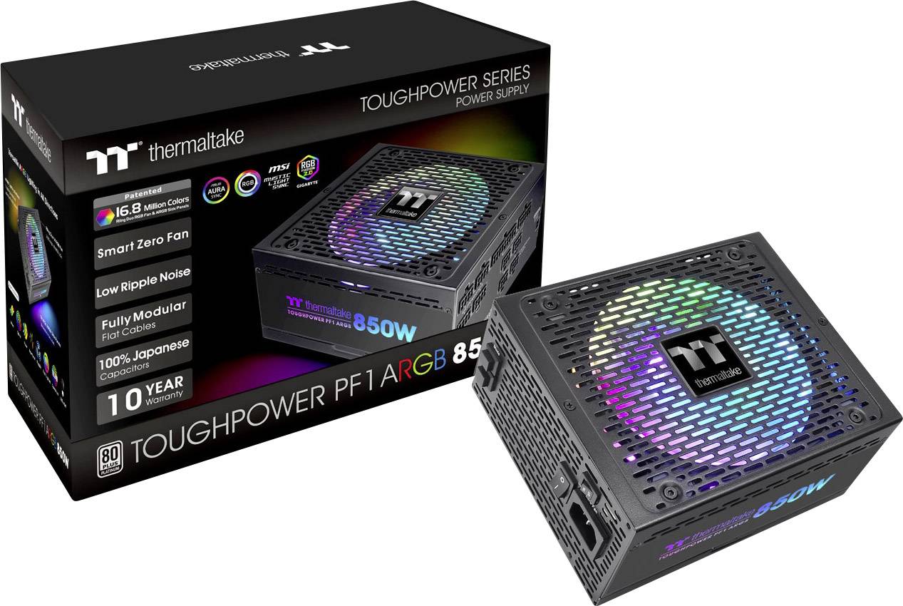Een 'Thermaltake Toughpower PF1 ARGB 850W'-voeding met RGB-verlichting, volledig modulair. Verpakking toont technische details.