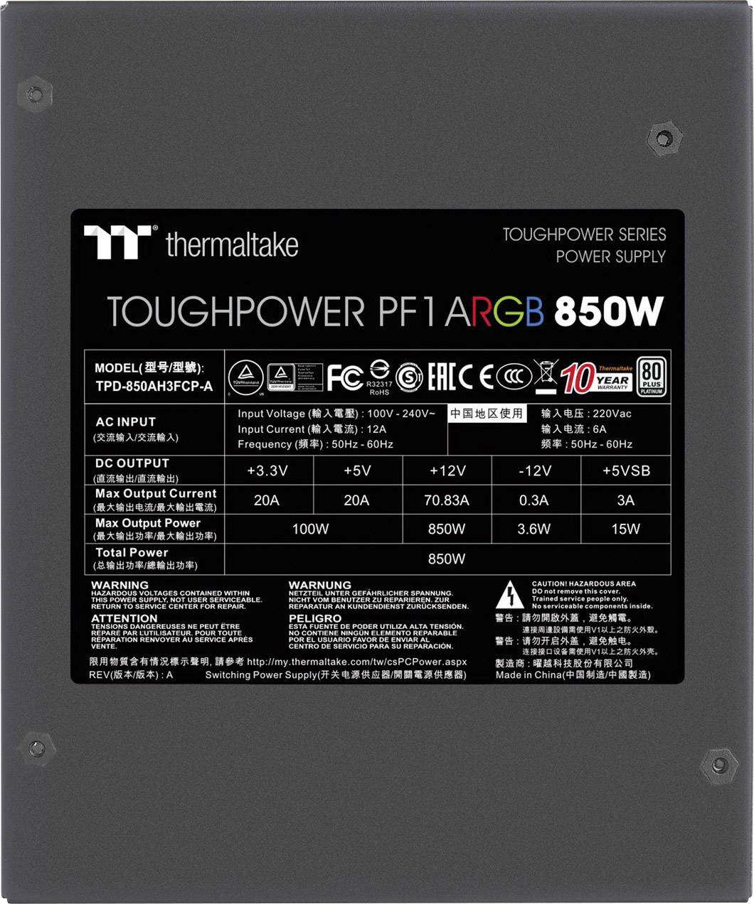 'Voeding van Thermaltake, Toughpower PF1 ARGB, 850W. Wisselspanning 100-240V, gelijkstroomuitgangen: +3.3V, +5V, +12V, -12V, +5VSB.'