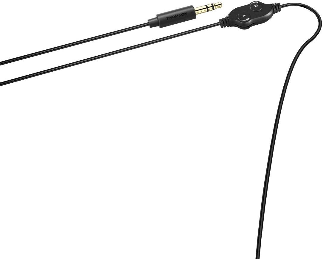 'Zwart kabel met 3,5-mm-audioaansluiting en geïntegreerde schakelaar. Geschikt voor koptelefoons of audioapparatuur.'