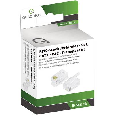 Verpakking van een RJ10-connector-set voor CAT3, 4P4C, transparant, 15 stuks. Bevat 4P4C RJ10-stekkers en modulaire kabels.