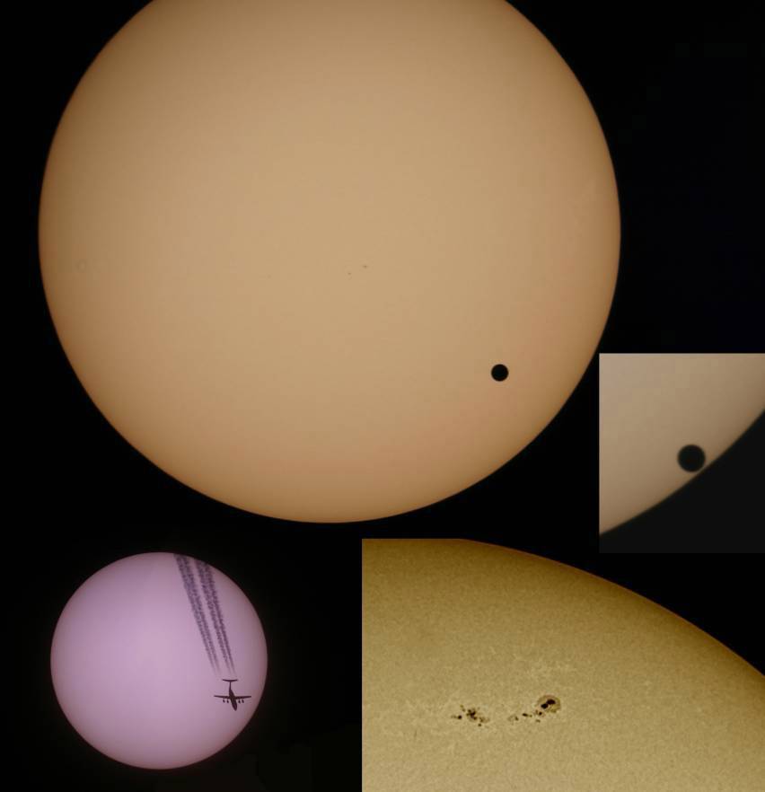 Een collage met zonbeelden: Een klein cirkelvormig object voor de zon (Venus-transit), een vliegtuig met condensstrepen voor de zon.