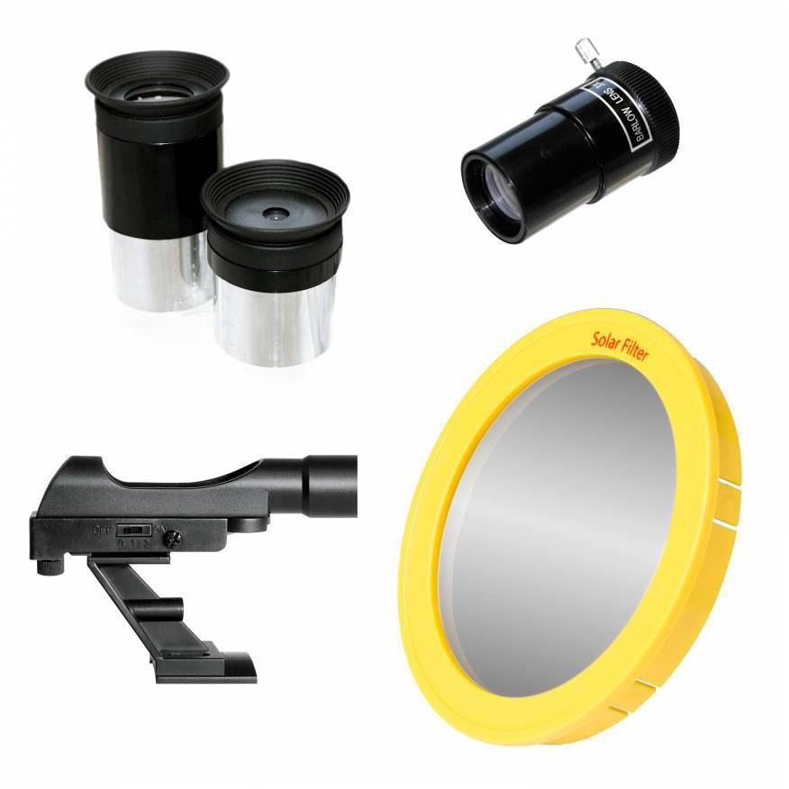 Telescoop-accessoires bestaande uit twee oculairen, een Barlow-lens, een zoeker en een gele zonnefilter voor observatie.