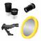 Telescoop-accessoires bestaande uit twee oculairen, een Barlow-lens, een zoeker en een gele zonnefilter voor observatie.