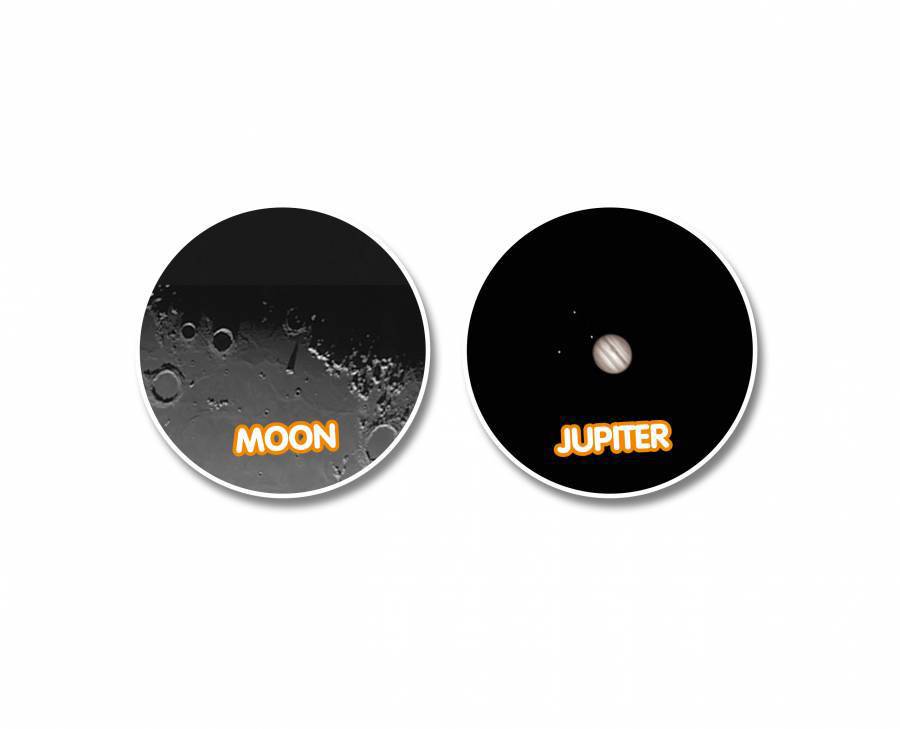 Twee cirkelvormige afbeeldingen tonen de maan met kraters en de planeet Jupiter op een zwarte achtergrond.