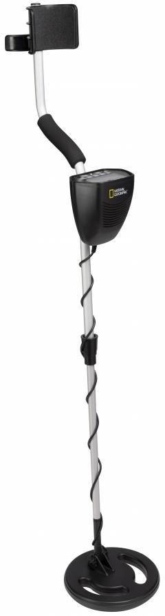 Een metaaldetector met een spiraalvormige stang en een afgeronde zoekschijf, ideaal voor het zoeken naar metalen voorwerpen in de grond.