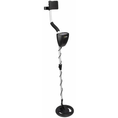 Een metaaldetector met een spiraalvormige stang en een afgeronde zoekschijf, ideaal voor het zoeken naar metalen voorwerpen in de grond.