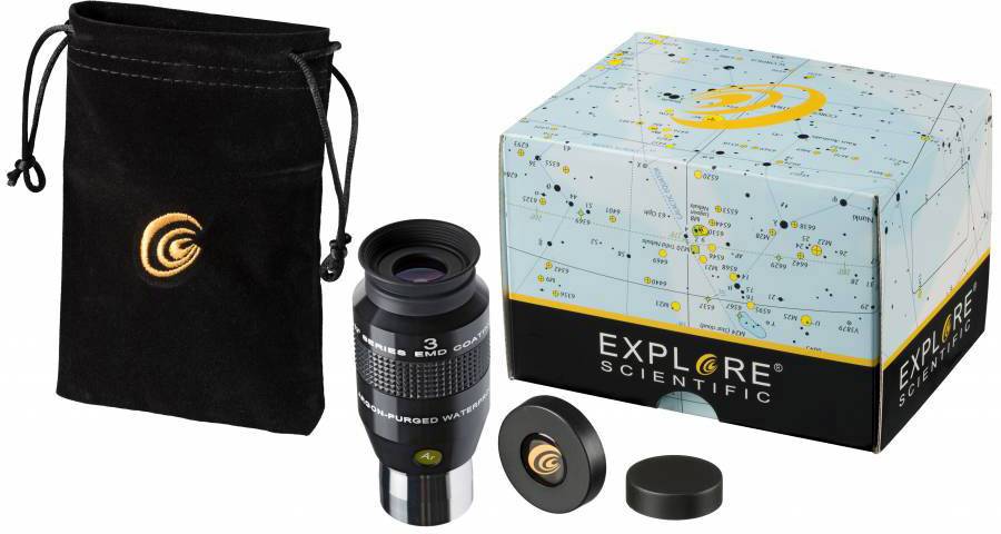 Een groothoek-oculair van Explore Scientific met 3 mm brandpuntsafstand, gepresenteerd met een decoratieve opbergdoos en een etui.