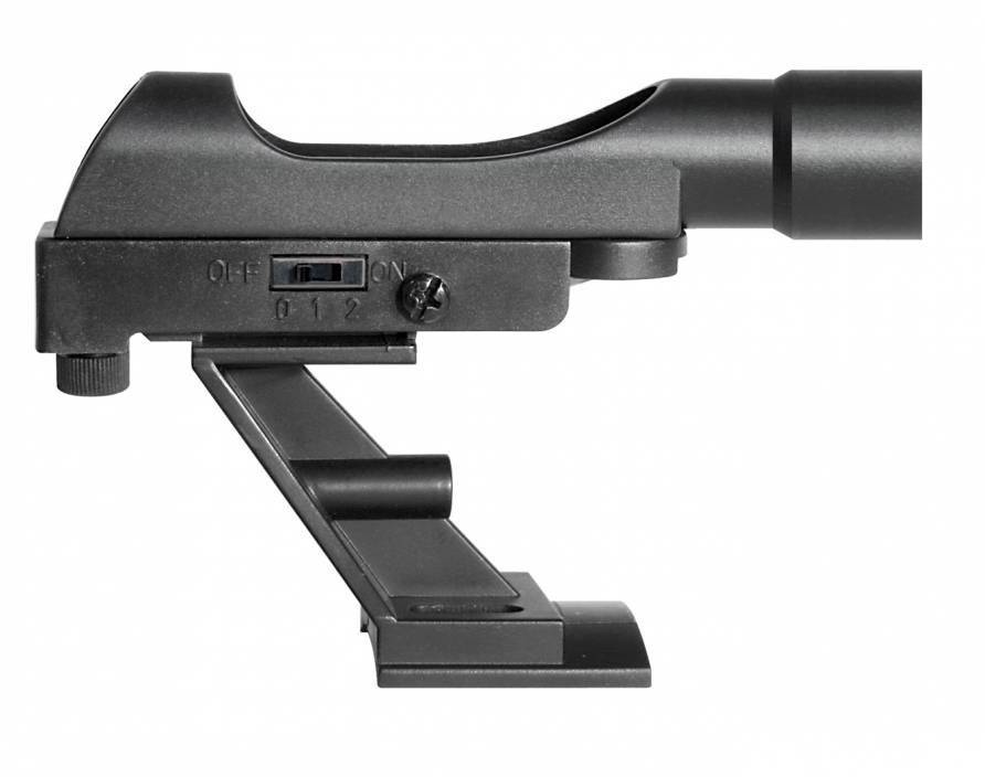 Zwart microscooponderdeel met verstelbare houder en schakelaar met standen 'UIT', '0', '1', '2'.