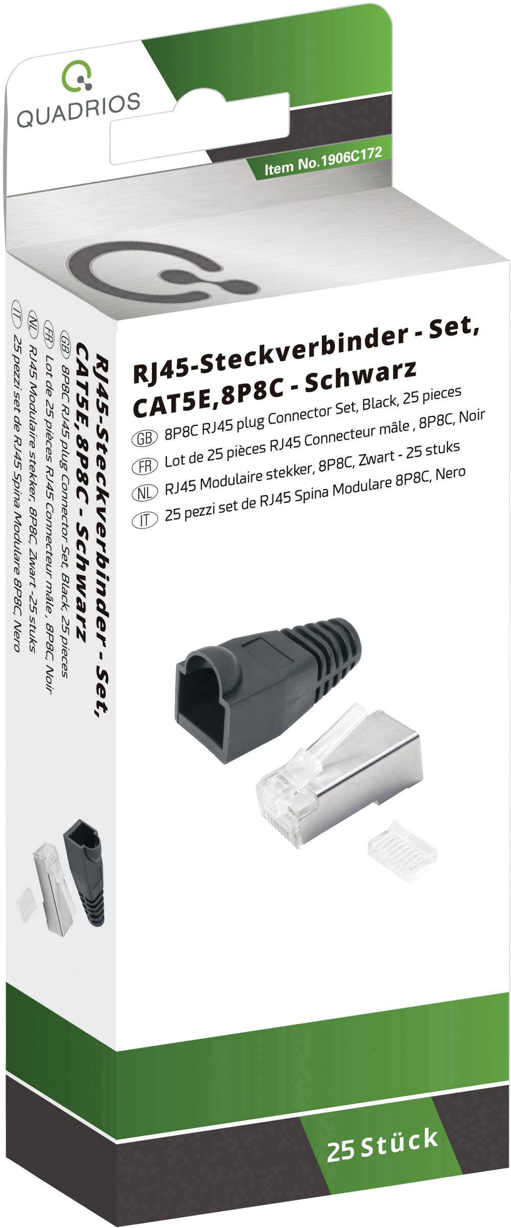 Doos met RJ45-connectoren set, CAT5E, 8P8C, Zwart, 25 stuks. Bevat afbeelding van de connector en het verpakkingslogo.