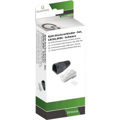 Doos met RJ45-connectoren set, CAT5E, 8P8C, Zwart, 25 stuks. Bevat afbeelding van de connector en het verpakkingslogo.