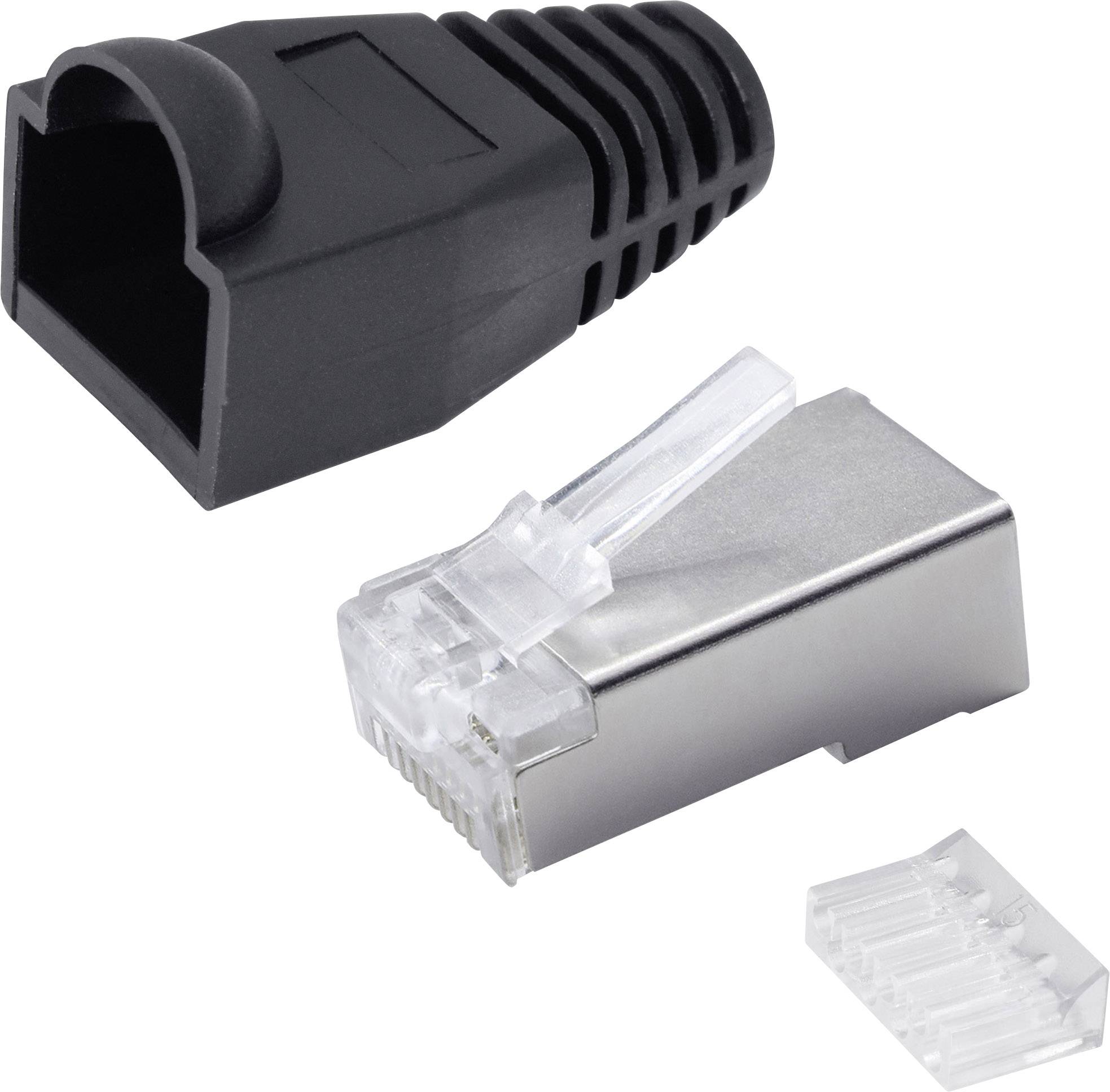 Afgebeeld is een gedemonteerde RJ45-stekker met metalen behuizing, kunststof beschermkap en contactklemmen die netwerkverbindingen mogelijk maken.