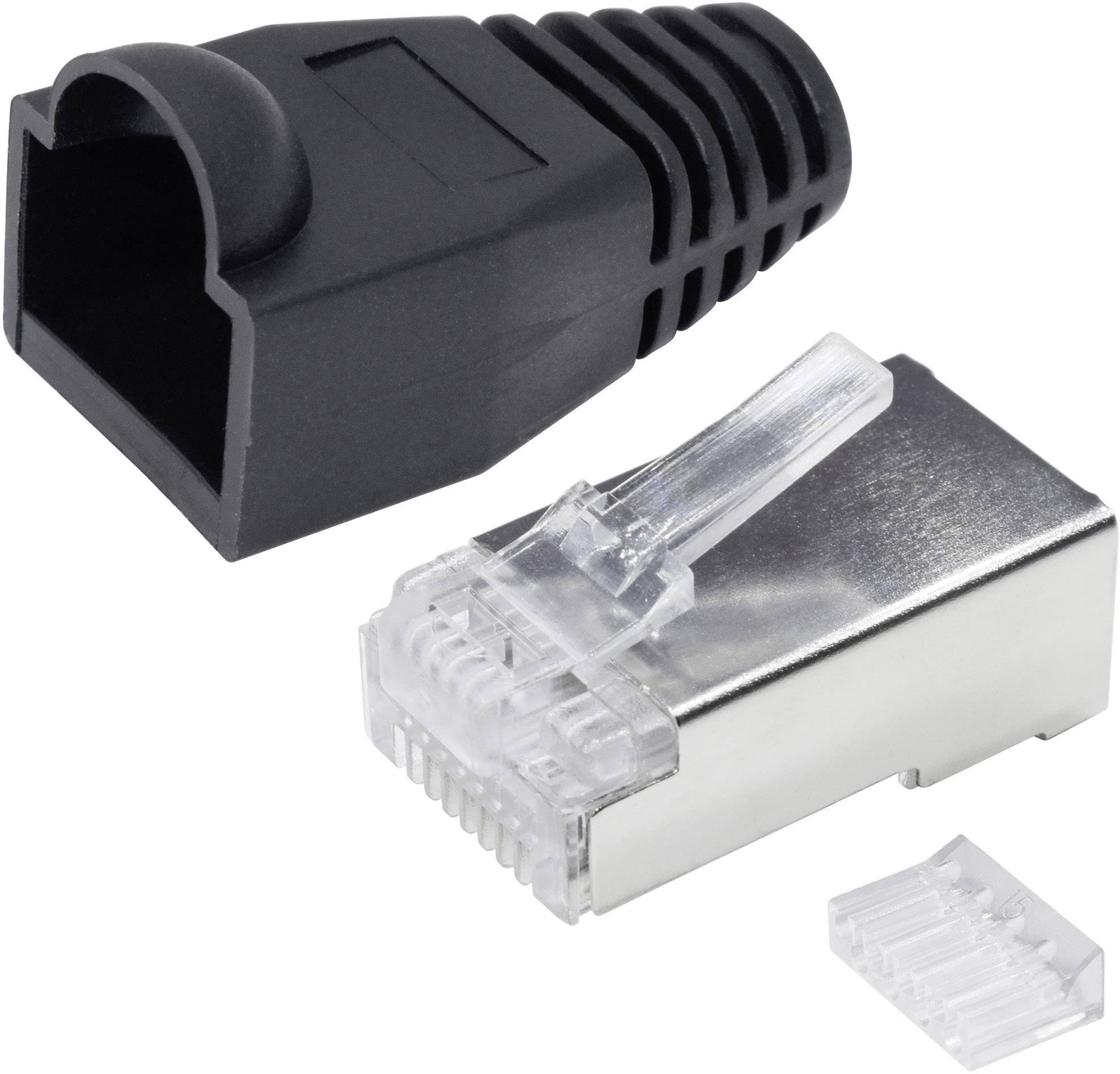 Een RJ45-stekker-kit bestaande uit een metalen stekker, een zwarte kabelbuigbescherming en een kunststof afdekking, voor netwerkkabels.