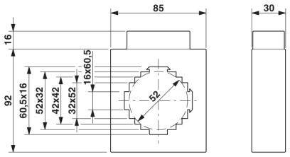 Technische tekening van een onderdeel met afmetingen: Hoogte 92, Breedte 85, Diepte 30. Rond detail in het midden, verschillende maatvoering links.