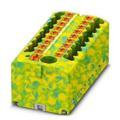 Een gele stekkerblok met groene markeringen en rode clips, die wordt gebruikt voor elektrische bedrading.