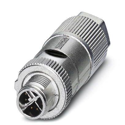Zilveren, cilindrische stekker met metalen schroefdraad en vier pinnen. Wordt gebruikt voor verbindingen in elektronische apparaten.