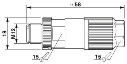 Technische tekening van een connector met M12-schroefdraad. Afmetingen: lengte 58 mm, hoogte 19 mm. Zijaanzicht, met gemarkeerde afstandhouders.