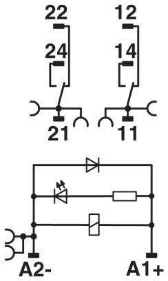 Schakelschema met twee elektromechanische relais: Links een 2-wisselaar (maak-/verbreekcontact), rechts een 1-wisselaar. Onderaan een schakeling met diode.