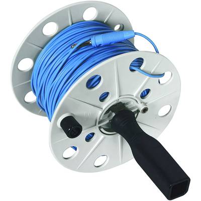 Een kabelhaspel met een blauw kabel en stekker is opgerold. Hij heeft een stevig handvat en meerdere ventilatieopeningen.