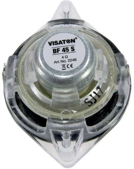 Een ronde luidspreker van Visaton, model BF 45 S, weergegeven van onderen. Technische details zijn zichtbaar op het etiket.