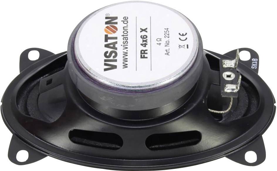 'Speakers by Visaton, model FR 4x6 X, black enclosure, oval shape, rear view shows technical connections and manufacturer label.'