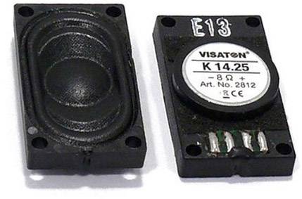 'Visaton Luidspreker, Model K 14.25, 8 Ohm, Art. Nr. 2812. Rechthoekige vorm met aansluitingen, vooraanzicht en achteraanzicht zichtbaar.'
