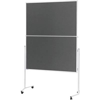Grote, verrijdbare prikbord met grijze oppervlakte en witte rand, gemonteerd op wielen voor gemakkelijk transport. Ideaal voor presentaties of vergaderingen.