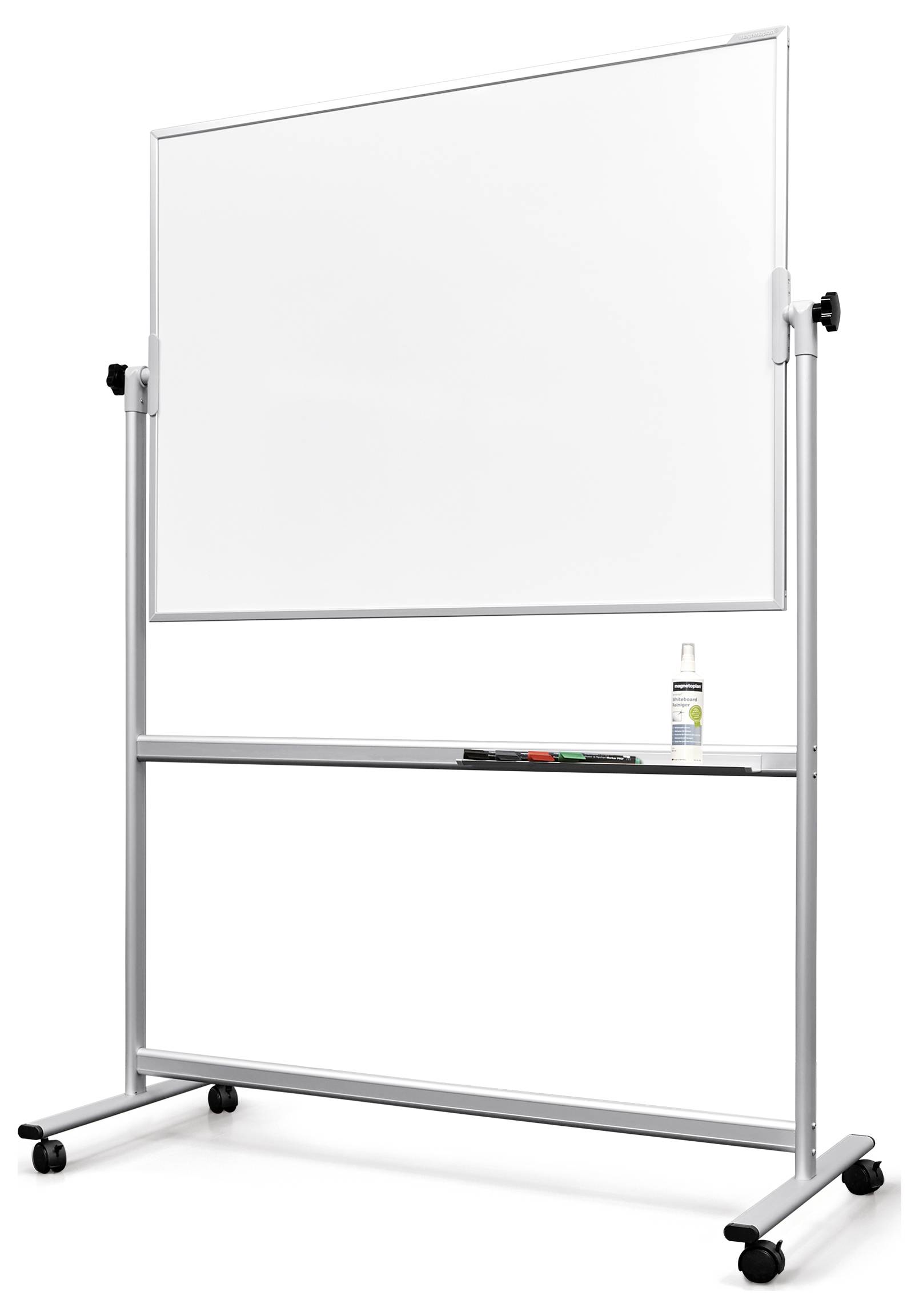 Draagbaar whiteboard op een wielbasis met een markerhouder en een fles schoonmaakspray.