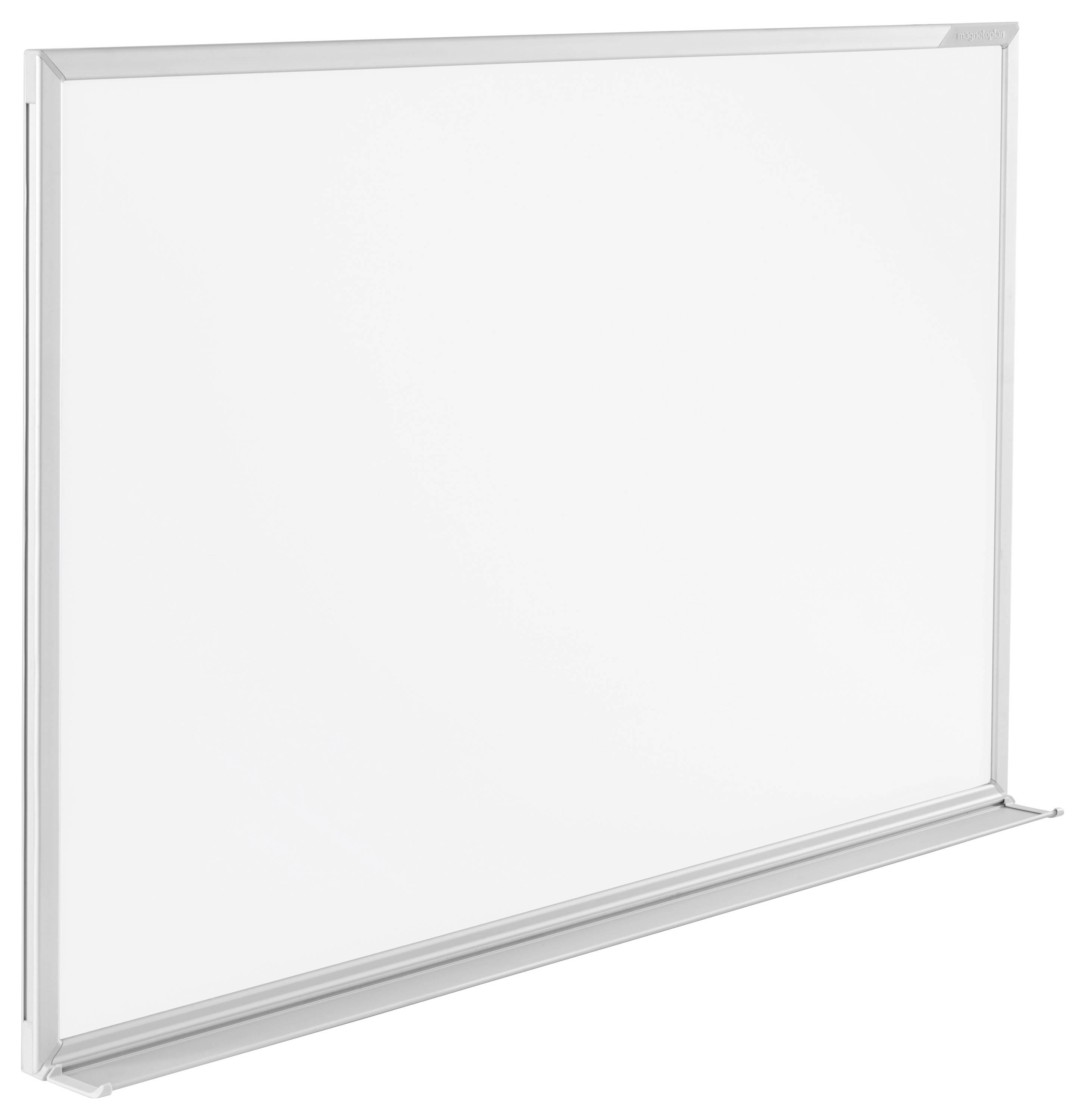 Leeg whiteboard met aluminium frame en markeervakvak, weergegeven tegen een witte achtergrond.