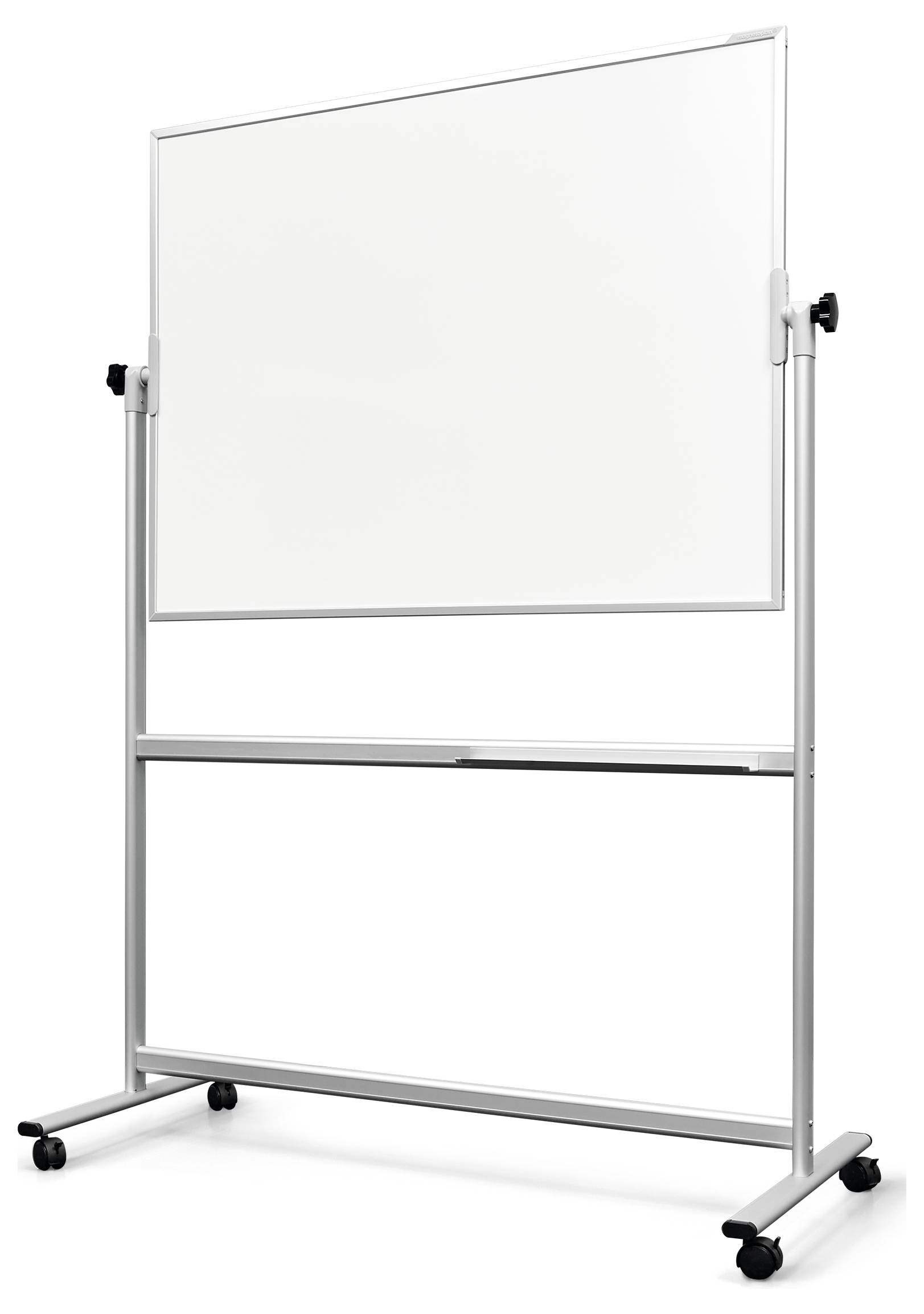 Mobiel dubbelzijdig whiteboard op een wielen voorziene metalen standaard met een blanco witte schrijfoppervlak.