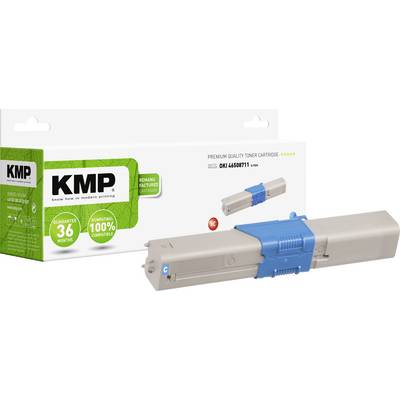 Een KMP inktpatroon in een witte verpakking met groen en blauw design, geschikt voor OKI printermodellen.